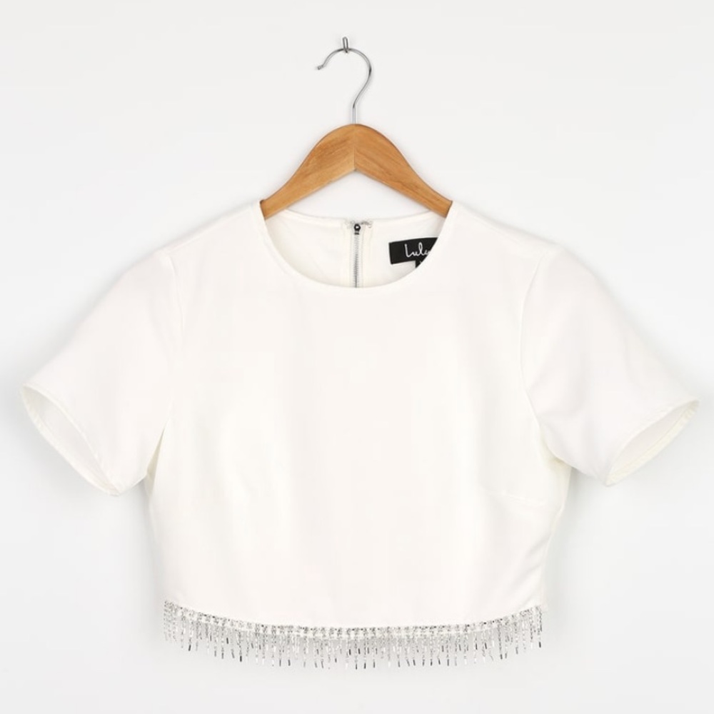 Sparkle Hour White Short Sleeve Rhinestone Fringe Crop Top Lulus